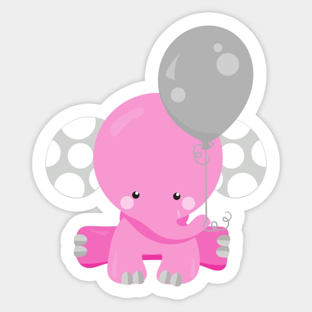 Elephant With Balloon, Pink Elephant, Cute Animal Sticker by Jelena Dunčević